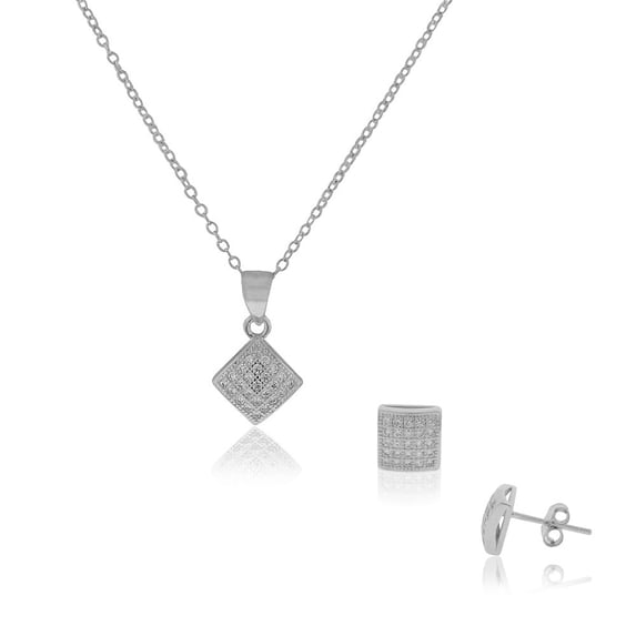 925 Sterling Silver Square Small Pendant Stud Earrings Jewelry Set, 18"