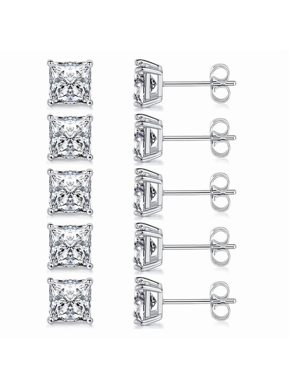 925 Sterling Silver needle 7mm Square Stud Earring Set of 5 pairs, 18K White Gold Plated Princess Cut Clear Cubic Zirconia Hypoallergenic Earrings Pack for Women and Men