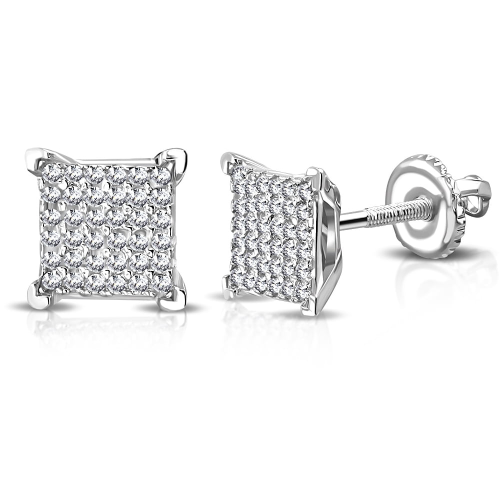 925 Sterling Silver Square White Clear CZ Screw Back Stud Earrings, 0.30"