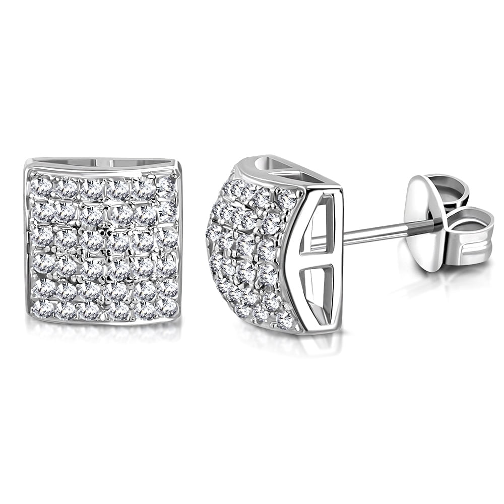 925 Sterling Silver Square White Clear CZ Screw Back Stud Earrings, 0.35"