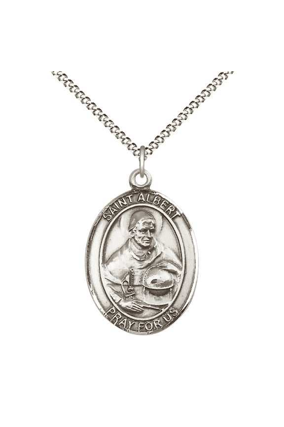 .925 Sterling Silver St Albert the Great Medal Pendant on 18 Inch Rhodium Plated Lite Curb Brass Chain with Lobster Claw Clasp,Catholic Religious Necklace -Made in USA-Deluxe Velvet Gift Box