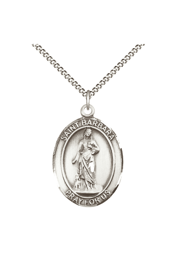 .925 Sterling Silver St Barbara Medal Pendant on 18 Inch Rhodium Plated Lite Curb Brass Chain with Lobster Claw Clasp,Catholic Religious Necklace -Made in USA- Deluxe Velvet Gift Box