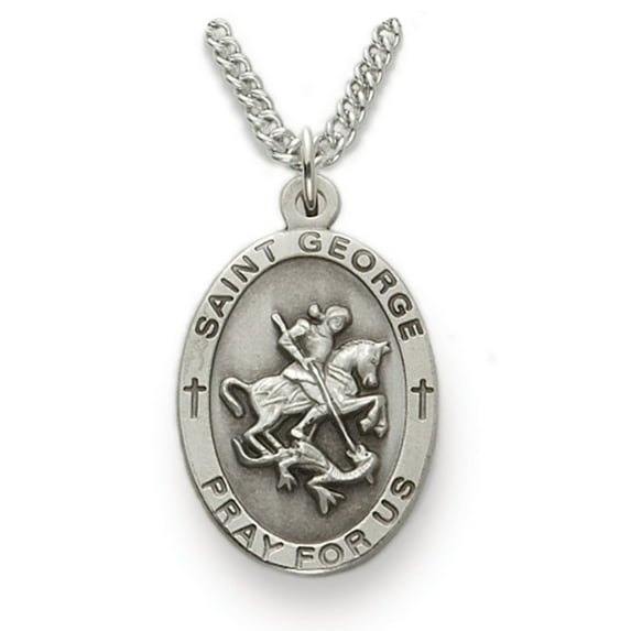 Singer Men's 1 Inch Sterling Silver Oval St. George Medal, Patron Saint of England and Soldiers with Stainless Steel Rhodium Plated 24" Chain, Style Saint
