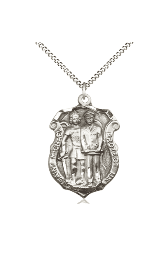 .925 Sterling Silver St. Michael the Archangel Police Shield Medal Pendant on 18 Inch Rhodium Plated Lite Curb Brass Chain -Catholic Religious Necklace Made in USA,Deluxe Velvet Gift Box