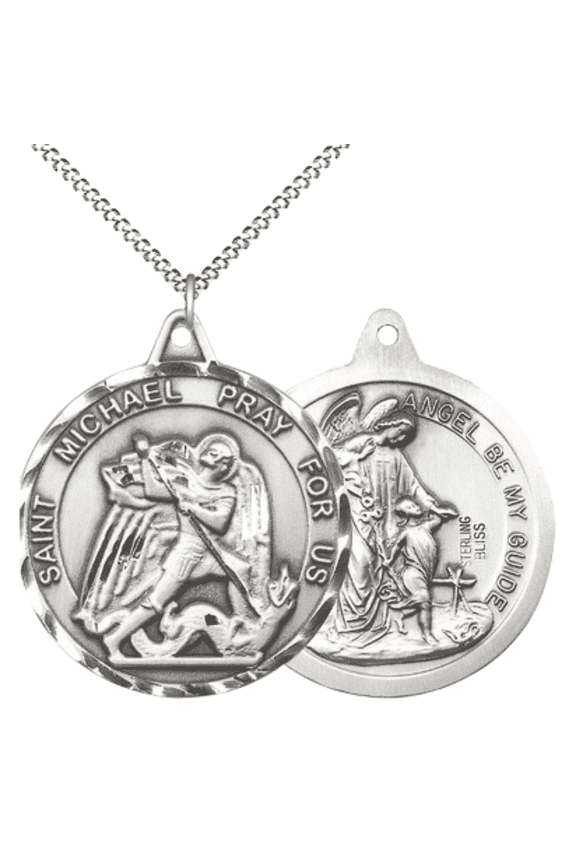.925 Sterling Silver St. Michael/Guardian Angel Medal Pendant on 18 Inch Rhodium Plated Lite Curb Brass Chain -Catholic Religious Necklace Made in USA,Deluxe Velvet Gift Box