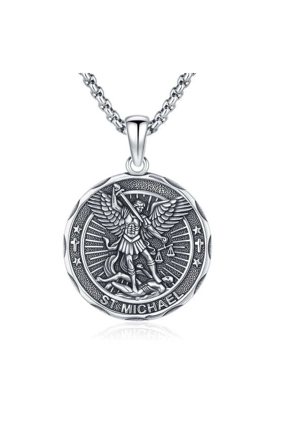 925 Sterling Silver St Michael Medal Necklace, Round Archangel Michael Pendant Catholic Religious Amulet Gift for Military Police Law Enforcement Firefighter