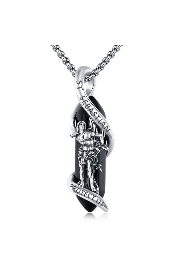 925 Sterling Silver St Sebastian Necklace Black Onyx Crystal Point Pendant with St Sebastian Protect Us Inscription Catholic Religious Amulet Protection Jewelry for Men Women