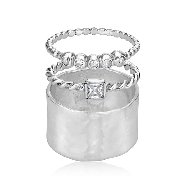 925 Sterling Silver Stack Ring With 1 White Square and 5 Round Cubic Zirconia 3 Rings, Stackable, Hypoallergenic, Nickel and Lead-free, Artisan Handcrafted Designer collection, Made In Israel