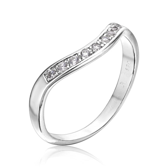 925 Sterling Silver Stack Ring With 18 White Round Cubic Zirconia CZ Pave, Curved Look, Stackable, Hypoallergenic, Nickel and Lead-free, Artisan Handcrafted Designer Collection, Made in Israel