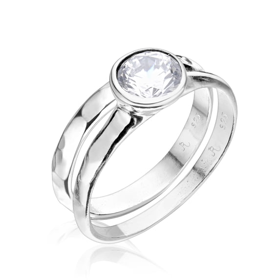 925 Sterling Silver Stack Ring With A White Round Cubic Zirconia 2 Rings, Stackable, Hypoallergenic, Nickel and Lead-free, Artisan Handcrafted Designer collection, Made In Israel