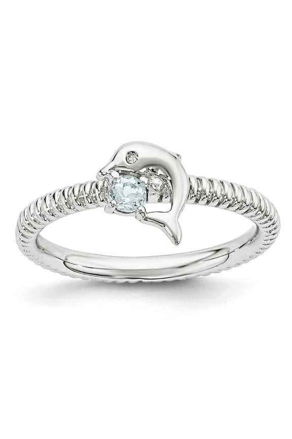 925 Sterling Silver Stackable Expressions Aquamarine & Diamond Dolphin Ring Size: 7; for Adults and Teens; for Women and Men