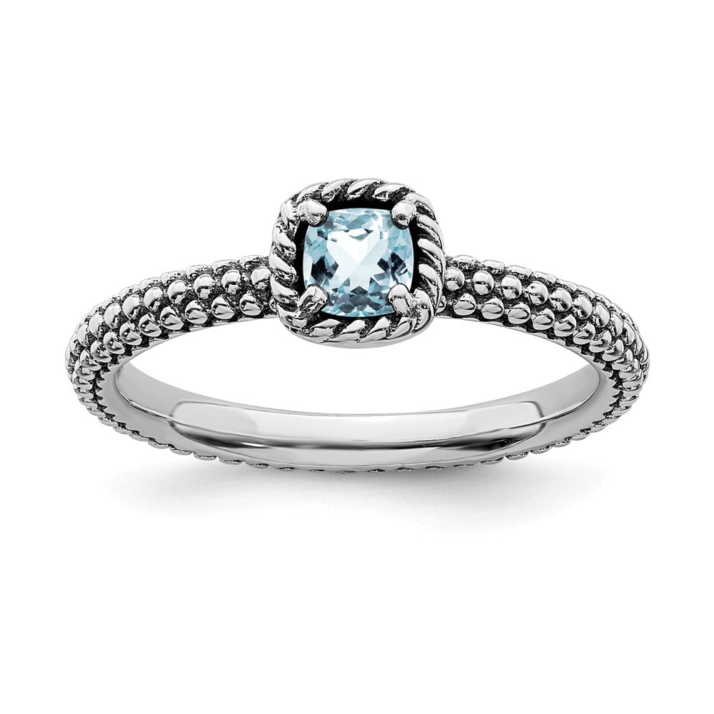 DISCOUNT JEWELERS 925 Sterling Silver Stackable Expressions Checker-cut Aquamarine Antiqued Ring Size: 8; for Adults and Teens; for Women and Men