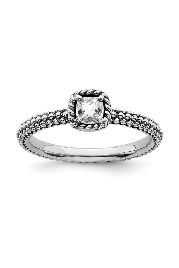925 Sterling Silver Stackable Expressions Checker-cut White Topaz Antiqued Ring Size: 7; for Adults and Teens; for Women and Men