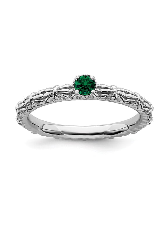 925 Sterling Silver Stackable Expressions Created Emerald Single Stone Ring Size: 7; for Adults and Teens; for Women and Men