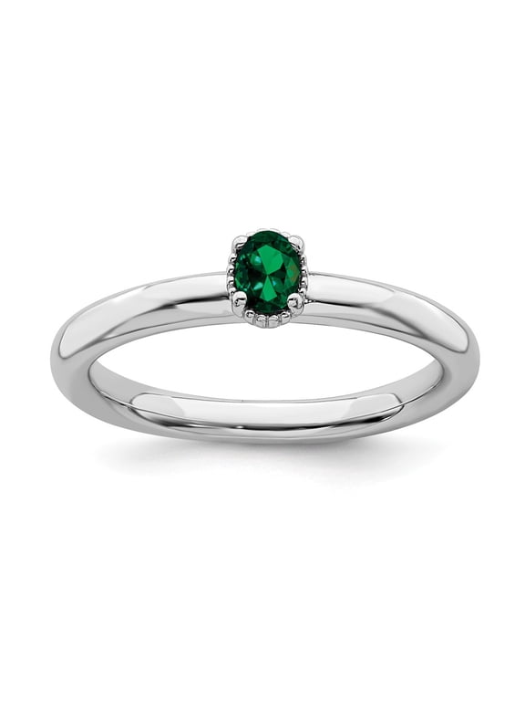 925 Sterling Silver Stackable Expressions Created Emerald Single Stone Ring Size: 8; for Adults and Teens; for Women and Men