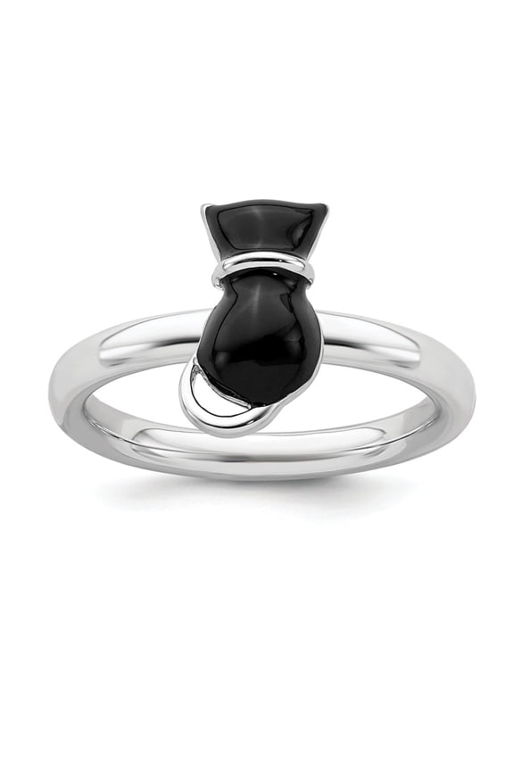 925 Sterling Silver Stackable Expressions Polished Black Enameled Cat Ring Size: 10; for Adults and Teens; for Women and Men
