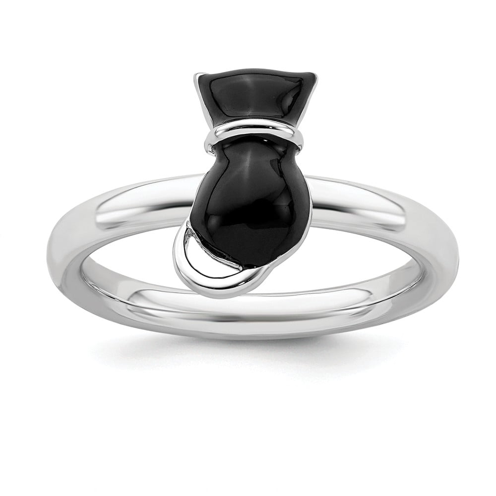 Sterling Silver Stackable Expressions Polished Black Enameled Cat Ring Sterling Silver Stackable Expressions Polished Black Enameled Cat Ring