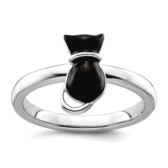 925 Sterling Silver Stackable Polished Black Enameled Cat Ring Size 8 Stackable Ring for Women