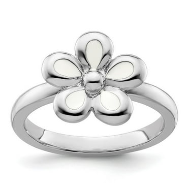 925 Sterling Silver Stackable Polished White Enameled Flower Ring Size 6-Stackable-Ring for Women