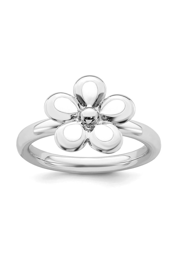 925 Sterling Silver Stackable Expressions Polished White Enameled Flower Ring Size: 6; for Adults and Teens; for Women and Men