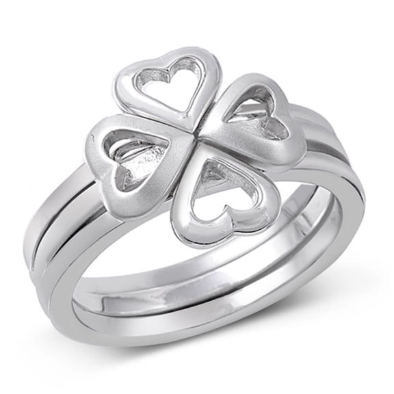 925 Sterling Silver Stackable Four Leaf Clover Heart Ring Size 10