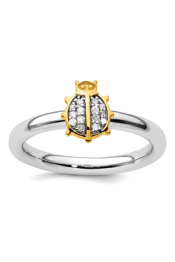 925 Sterling Silver Stackable Gold Plated Ladybug Diamond Ring Size 7-Stackable-Ring for Women