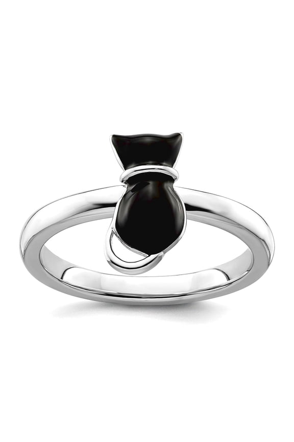 925 Sterling Silver Stackable Polished Black Enameled Cat Ring Size 7 Stackable Ring for Women