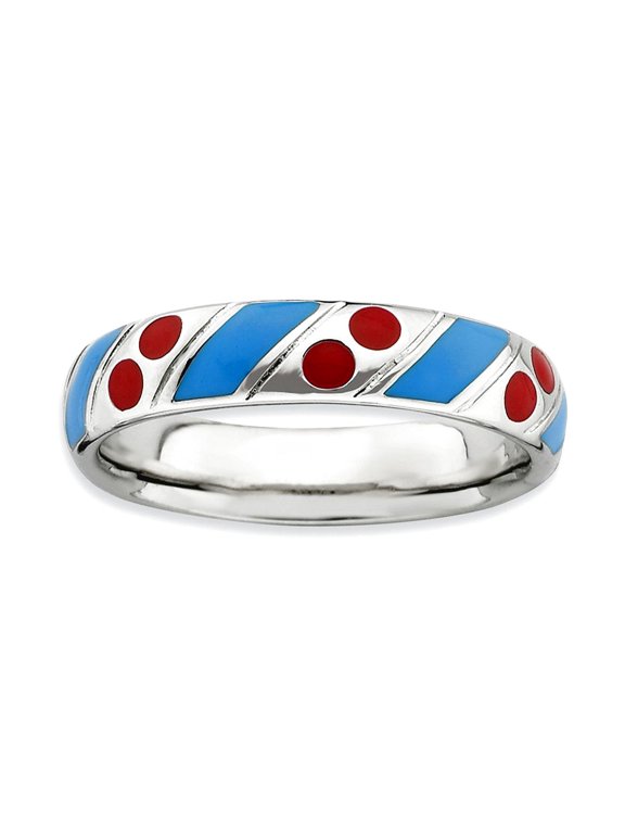 925 Sterling Silver Stackable Polished Blue Red Enameled Ring Size 5 Stackable Ring for Women