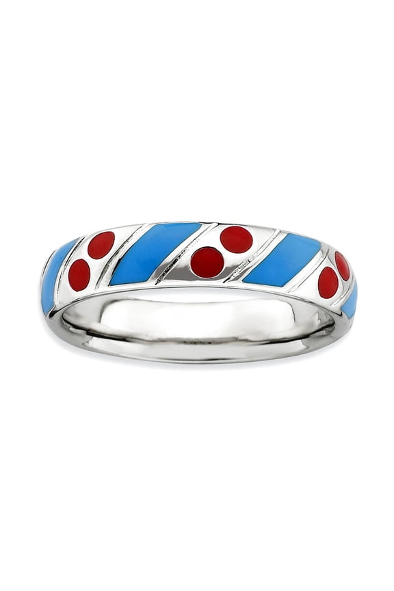 925 Sterling Silver Stackable Polished Blue Red Enameled Ring Size 7 Stackable Ring for Women
