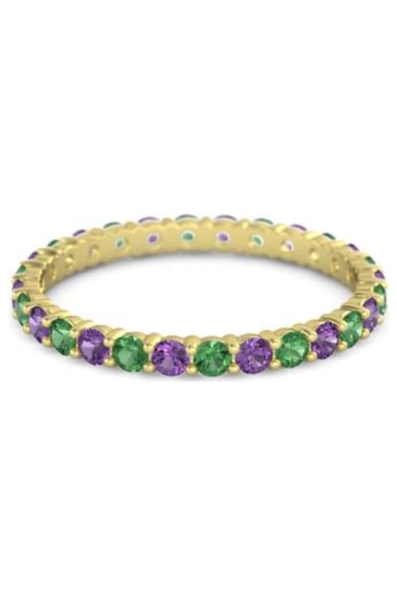 925 Sterling Silver Stackable Round 2.5 MM Emerald With Amethyst Women Ring Eternity Band Yellow Plated