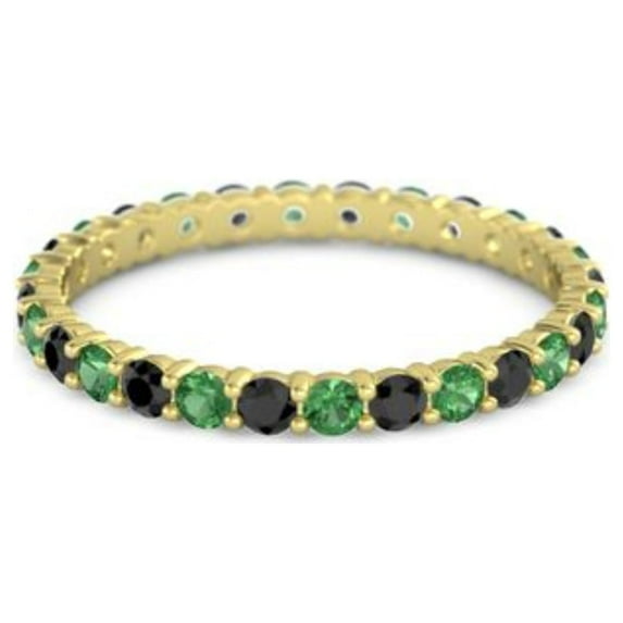 925 Sterling Silver Stackable Round 2.5 MM Emerald With Black Spinel Women Ring Eternity Band Yellow Plated