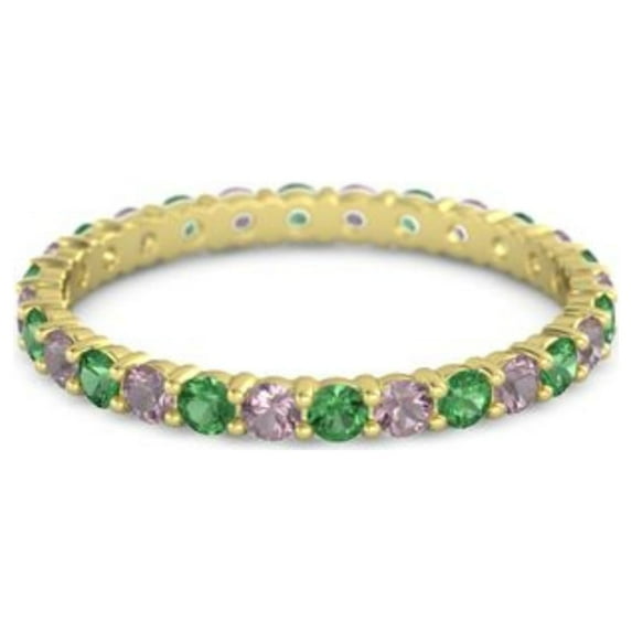 925 Sterling Silver Stackable Round 2.5 MM Emerald With Rhodolite Garnet Women Ring Eternity Band Yellow Plated