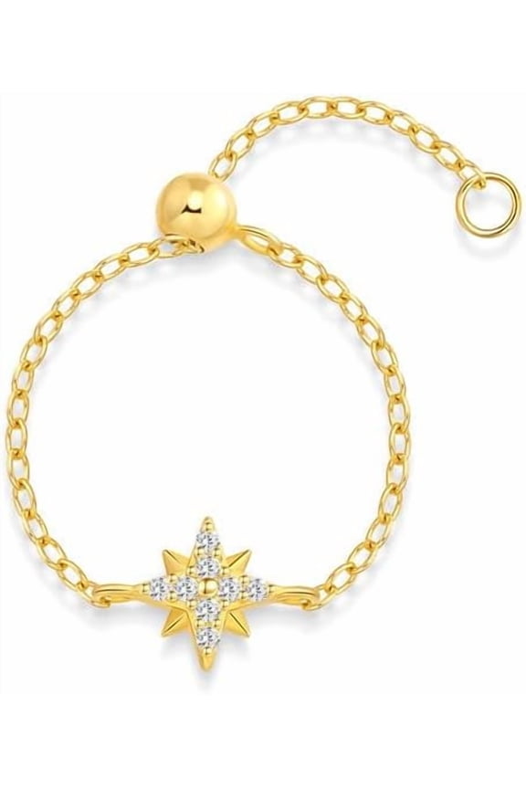 925 Sterling Silver Star Link Chain Ring for Women Cubic Zirconia Stacking Ring Adjustable Finger Band Statement Rings Fashion Jewerly