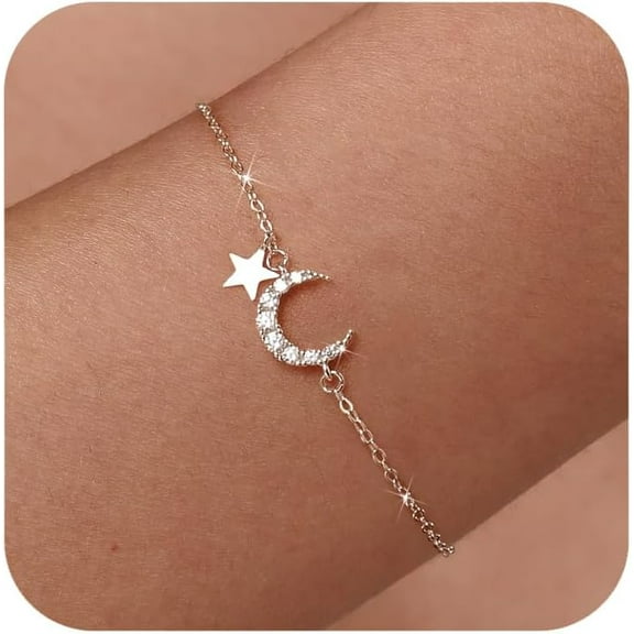925 Sterling Silver Star Moon Bracelets for Women Dainty 14K Gold Plated CZ Crescent Link Bracelet Lucky Friendship Charm Chain Bangle Jewelry Birthday Gifts for Mom Daughter Friends