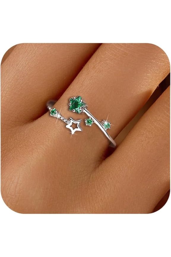 925 Sterling Silver Star Rings with Green Blue Birthstone for Women Cute Adjustable Y2K Rings Double Star CZ Wrap Open Statement Engagement Ring Jewelry Birthday Gifts to My Daughter