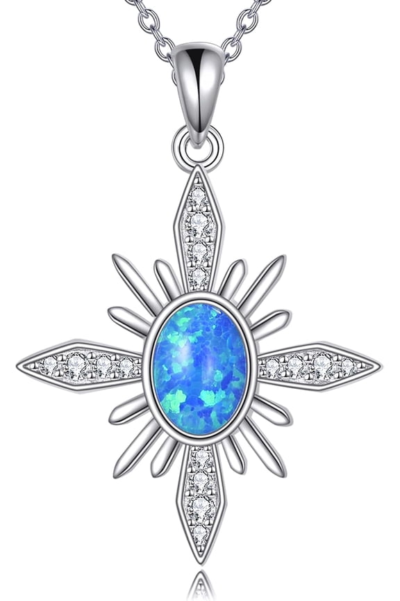925 Sterling Silver Starburst Necklace For Women, North Star Necklace With Oval Shaped Blue Opal, Celestial Jewelry Birthday Gifts For Her, 18" + 2" Inches