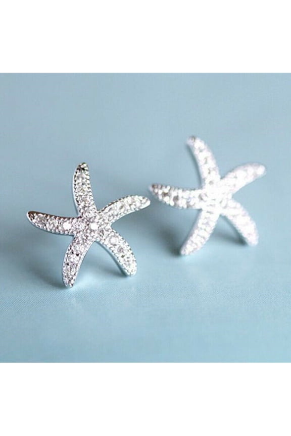 925 Sterling Silver Starfish Push Back Stud Pretty Cubic Zirconia Wedding Earring