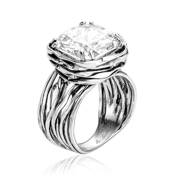 925 Sterling Silver Statement Ring White Cushion Shaped Cubic Zirconia CZ Organic Look Vintage Antique Look Hypoallergenic Nickel and Lead-free Artisan Handcrafted Designer collection, Made In Israel