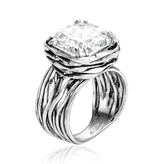 925 Sterling Silver Statement Ring White Cushion Shaped Cubic Zirconia CZ Organic Look Vintage Antique Look Hypoallergenic Nickel and Lead-free Artisan Handcrafted Designer collection, Made In Israel