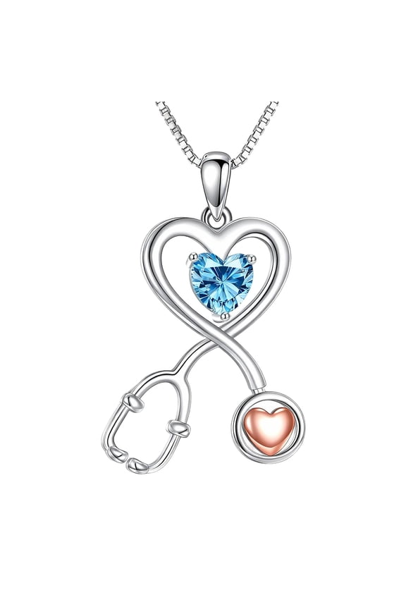 925 Sterling Silver Stethoscope Infinity Heart Pendant with Blue Aquamarine March Birthstone Graduation Jewelry Gifts for Women Doctor Nurse RN Medical Student