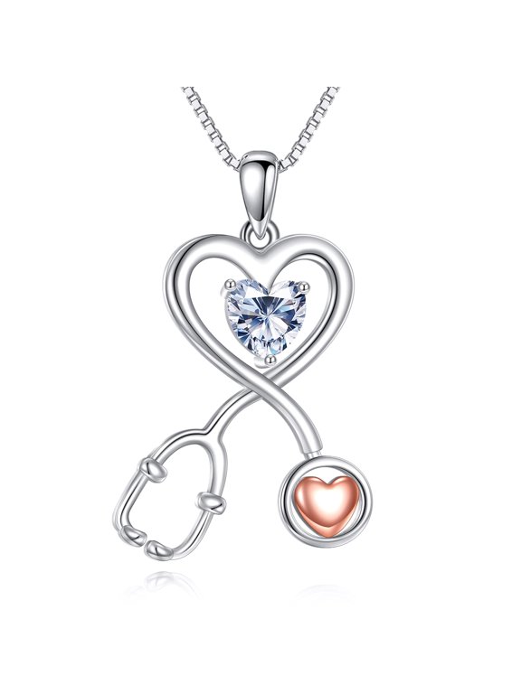 925 Sterling Silver Stethoscope Infinity Heart Pendant with Clear White April Birthstone Graduation Jewelry Gifts for Women Doctor Nurse RN Medical Student