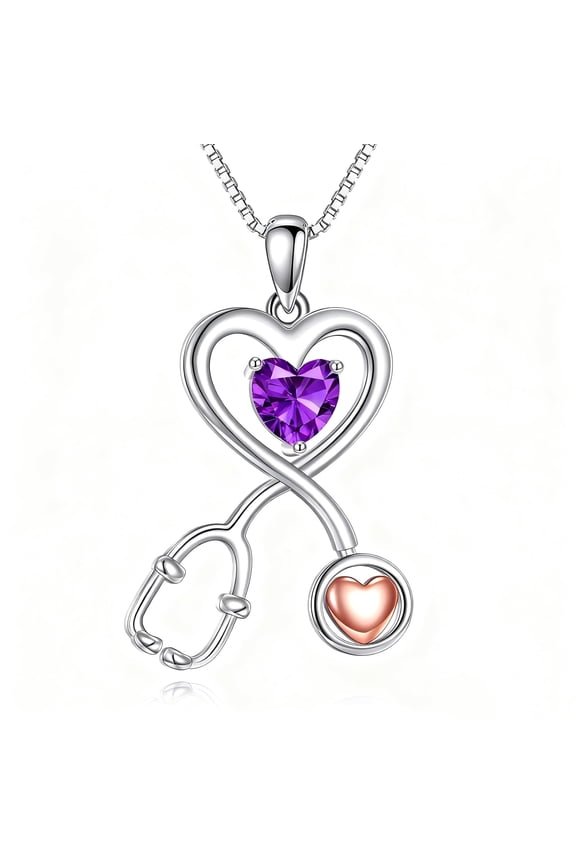 925 Sterling Silver Stethoscope Infinity Heart Pendant with Purple Amethyst February Birthstone Graduation Jewelry Gifts for Women Doctor Nurse RN Medical Student