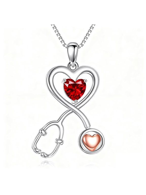 925 Sterling Silver Stethoscope Infinity Heart Pendant with Red Garnet January Birthstone Graduation Jewelry Gifts for Women Doctor Nurse RN Medical Student