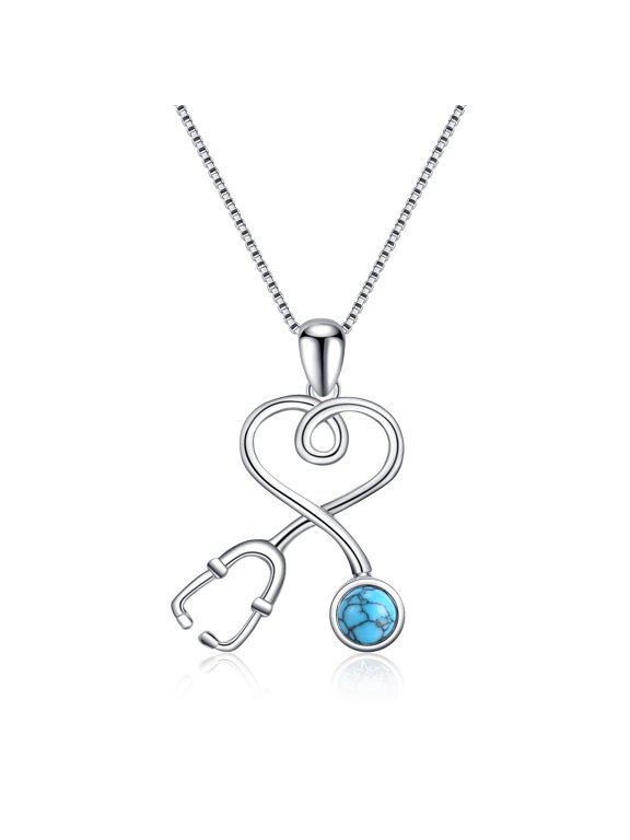 925 Sterling Silver Stethoscope Necklace with Turquoise Doctor Nurse Necklace, Jewelry Gifts for Doctor Nurse Medical Students White Coat Ceremony