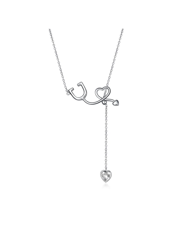 925 Sterling Silver Stethoscope Y Lariat Nursing Pendant Necklace Nurse Gifts for Women Doctor RN Medical Student - April Birthstone