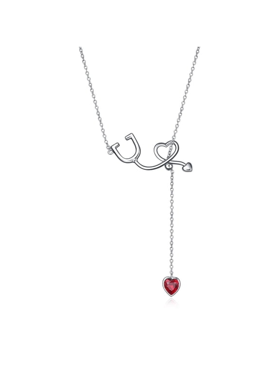 925 Sterling Silver Stethoscope Y Lariat Nursing Pendant Necklace Nurse Gifts for Women Doctor RN Medical Student - January July Birthstone