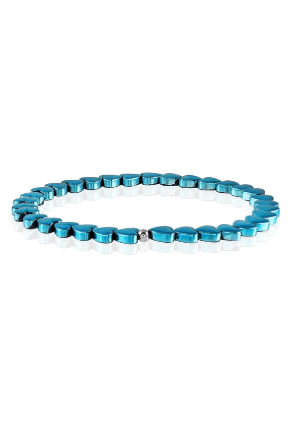 925 Sterling Silver Stretchable Bracelet with Blue-Black Hematite Heart Beads White Rhodium Finish (18 cm)