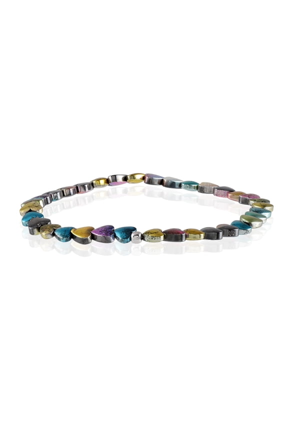 925 Sterling Silver Stretchable Bracelet with Pink, Blue & Golden Hematite Heart Beads, White Rhodium Finish (18 cm)