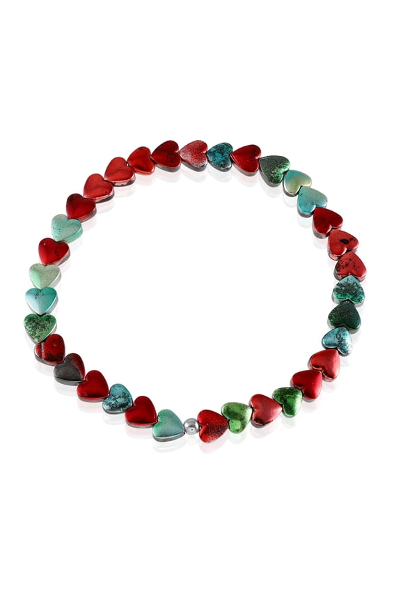 925 Sterling Silver Stretchable Red & Black Hematite Heart Beaded Bracelet with White Rhodium Finish (18 cm)