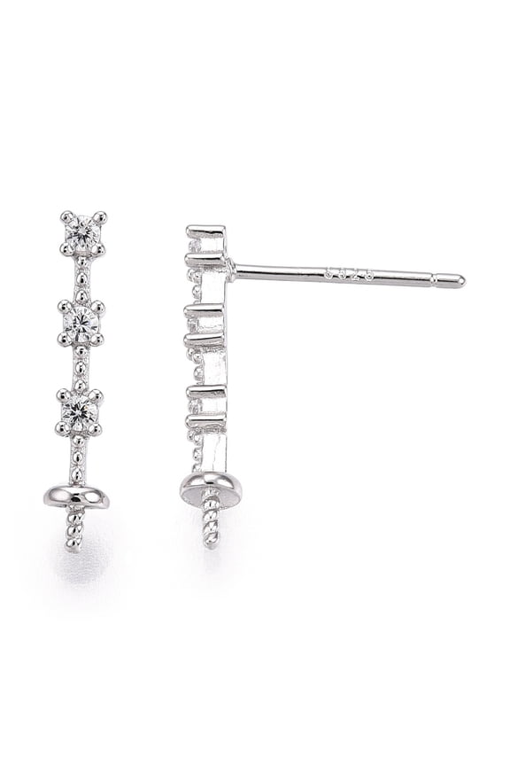 925 Sterling Silver Stud Earring Findings Micro Pave Cubic Zirconia for Half Drilled Beads with S925 Stamp Cuboid Real Platinum Plated 15.5x3x2mm Pin: 0.712mm Tray:3mm.